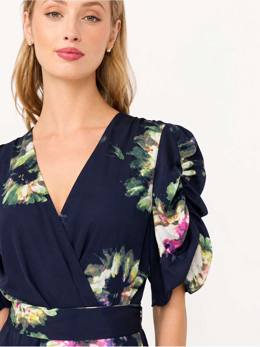 DKNY Navy Blue 12 Floral Wrap Midi Dress Cocktail Belted Women’s 90s Old Money